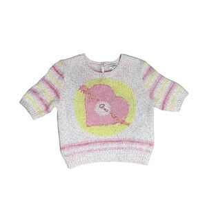 Chanel Heart Motif Pink Yellow Striped Knit Short Sleeve Sweater